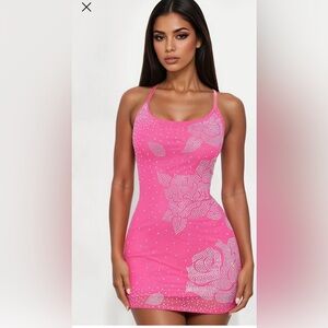 Hot Pink Rhinestone Floral Bodycon Mini Dress